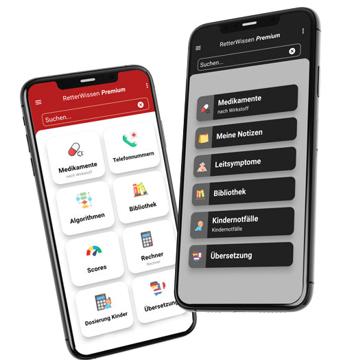 Die Notfallmedizin-App RetterWissen ist anbpassbar. Wählen Sie die Schnellstart-Buttons selbst aus. Wählen Sie selbst das Design. Ob Dark- oder Lightmode. Sie entscheiden über Ihr RetterWissen. Die Notfallmedizin-App RetterWissen ist anbpassbar. Wählen Sie die Schnellstart-Buttons selbst aus. Wählen Sie selbst das Design. Ob Dark- oder Lightmode. Sie entscheiden über Ihr RetterWissen.